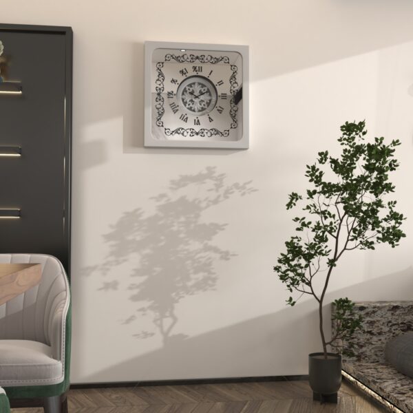 Square oversized wall clock with a silver wooden frame, mirrored glass face, Roman numerals, and floral wood center.