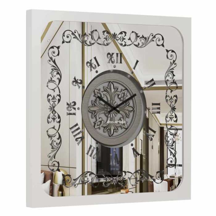 Add a touch of old-world charm to your space with this stunning Antique Silver Color Square Wall Clock. Featuring elegant Roman Numerals and a Curved Wood Center, this Large Wall Clock is a true statement piece for your kitchen or living room. The Oversized design makes it perfect for big spaces, while the silent mechanism ensures peaceful ambiance. Unique in its Vintage Retro style, this clock is a blend of classic and contemporary design, making it a perfect addition to any home decor. Don't miss out on this one-of-a-kind find!