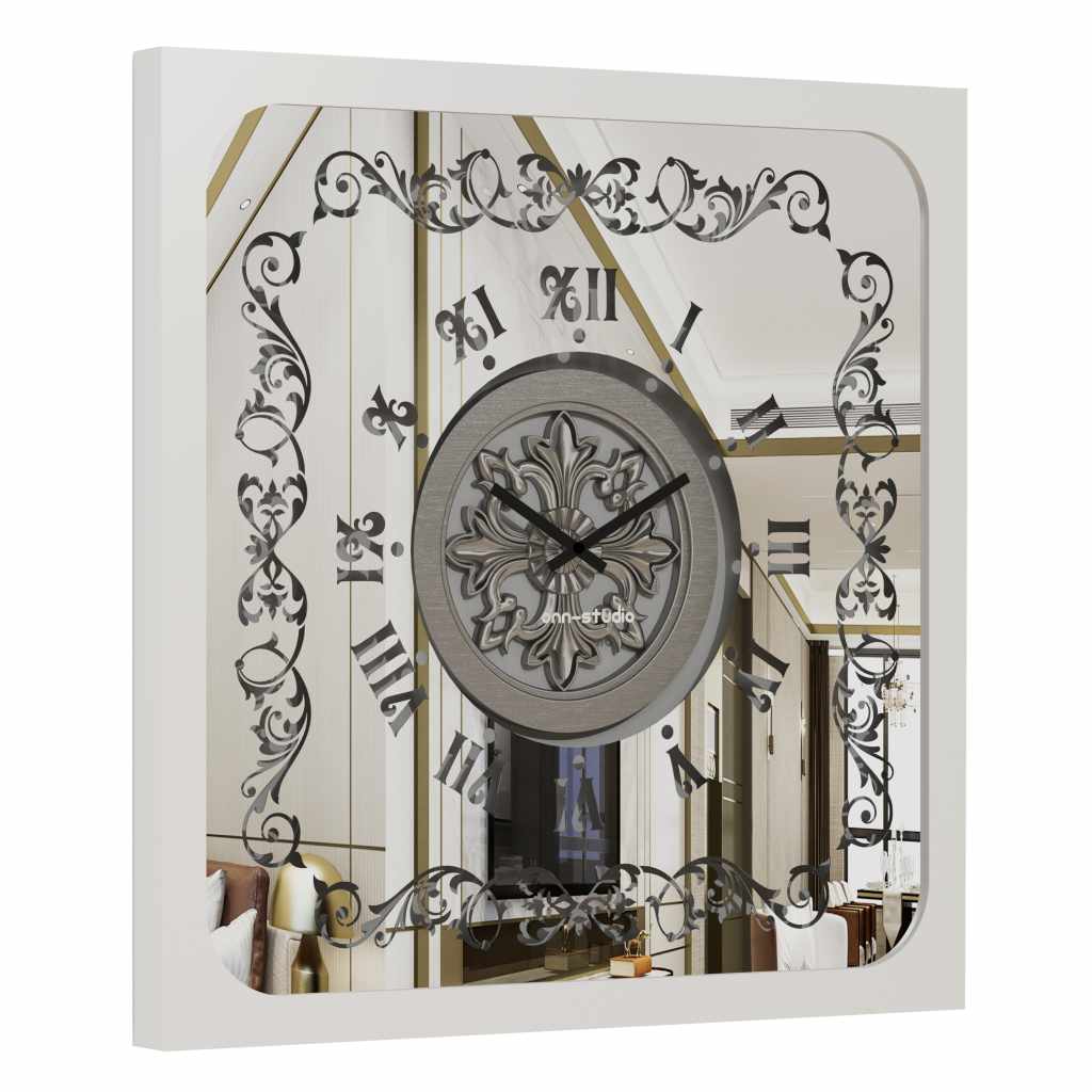 Onn Studio's Square Plain Silver Mirrored Wall Clock with Roman numerals and decoration.