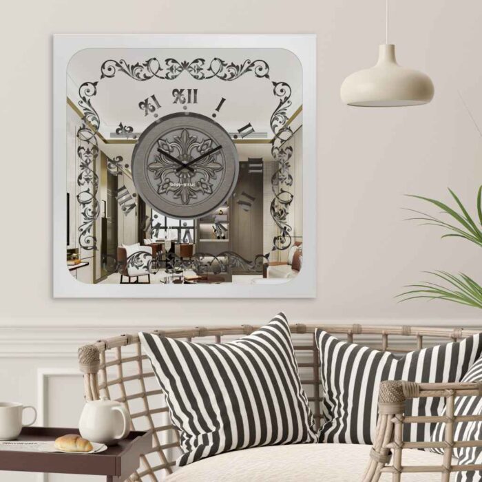 Add a touch of old-world charm to your space with this stunning Antique Silver Color Square Wall Clock. Featuring elegant Roman Numerals and a Curved Wood Center, this Large Wall Clock is a true statement piece for your kitchen or living room. The Oversized design makes it perfect for big spaces, while the silent mechanism ensures peaceful ambiance. Unique in its Vintage Retro style, this clock is a blend of classic and contemporary design, making it a perfect addition to any home decor. Don't miss out on this one-of-a-kind find!