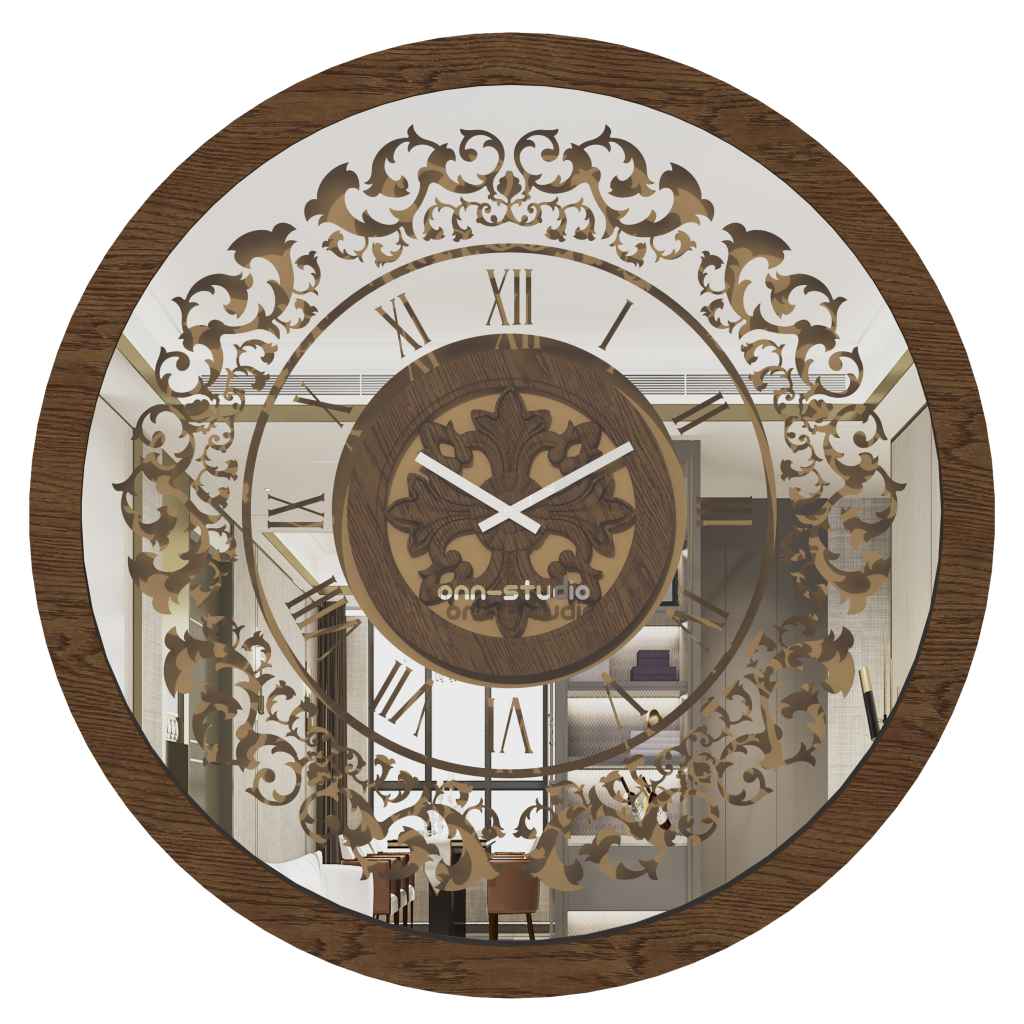 Onn Studio's Round Walnut Mirrored Wall Clock with Roman numerals and decoration.