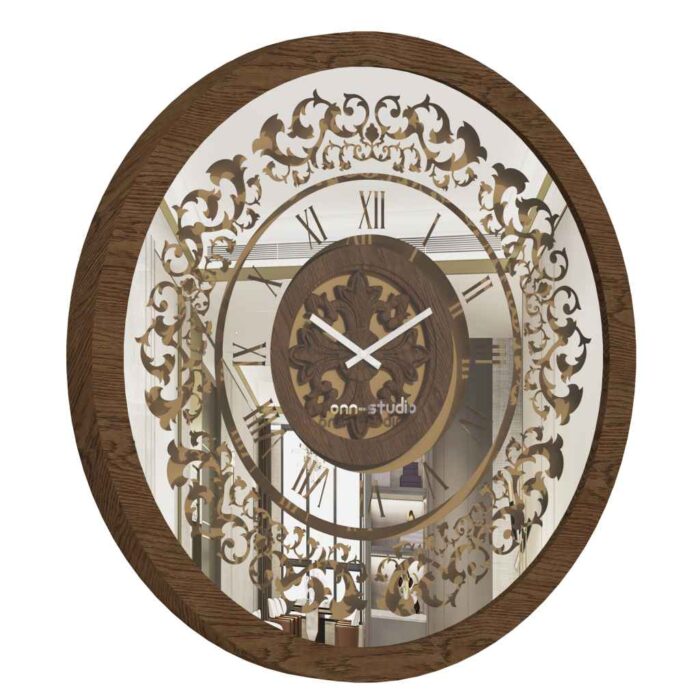 Add a touch of vintage charm to your living space with this unique oversized wall clock. The walnut color and patina frame beautifully complement the curved wood center, creating a stunning focal point for any room. This large wall clock is perfect for the kitchen or living room, with its classic round design and antique-inspired Roman numerals. The gold accents add a touch of elegance, while the silent mechanism ensures peaceful timekeeping. Elevate your decor with this retro wall clock that seamlessly blends timeless style with modern functionality.