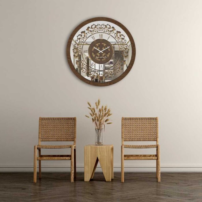 Add a touch of vintage charm to your living space with this unique oversized wall clock. The walnut color and patina frame beautifully complement the curved wood center, creating a stunning focal point for any room. This large wall clock is perfect for the kitchen or living room, with its classic round design and antique-inspired Roman numerals. The gold accents add a touch of elegance, while the silent mechanism ensures peaceful timekeeping. Elevate your decor with this retro wall clock that seamlessly blends timeless style with modern functionality.