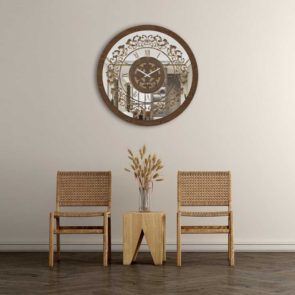 Round walnut mirrored wall clock hanging in a beige living room.