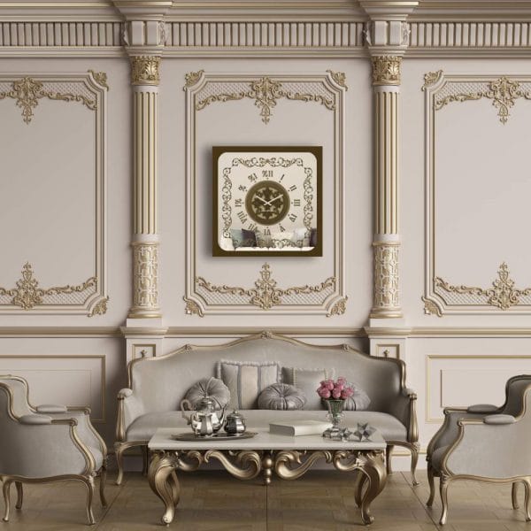 Square bronze effect mirrored wall clock hanging in a luxury white room.