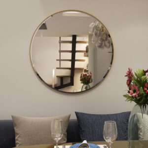 Enhance your living space with this stunning Bathroom Round Wall Mirror. This Large Bathroom Vanity mirror features a beautiful Gold Wall Mirror frame with a bevelled edge, adding a touch of elegance to any room. Perfect for the Entryway or as a stylish Circle Mirror in your Living Room Decor, this mirror is a must-have for chic homes seeking sophistication and style.