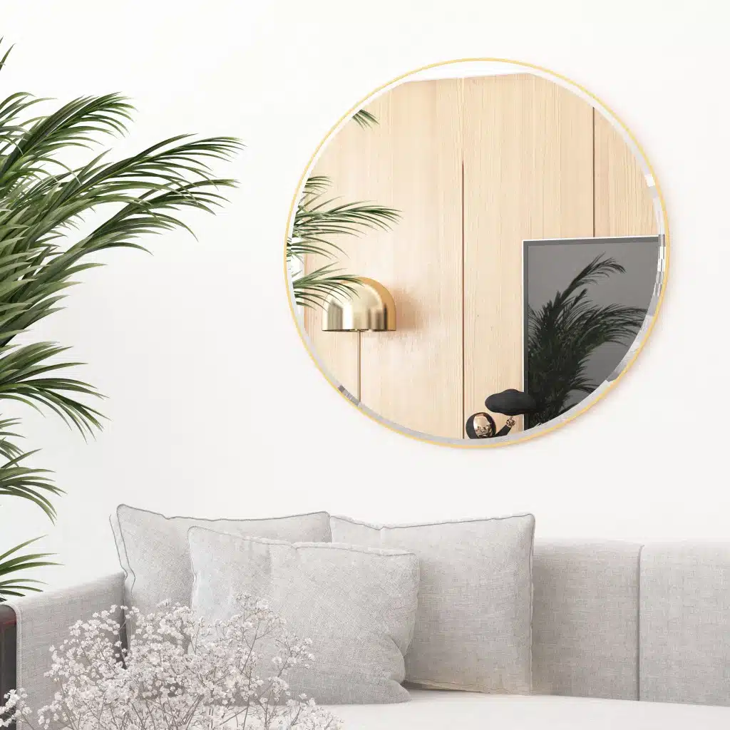 Enhance your home decor with this stunning Bathroom Round Wall Mirror. Perfect for large bathroom vanities or as an elegant entryway mirror, this Gold Wall Mirror will add a touch of sophistication to any space. The bevelled edge design exudes chic style, making it a versatile piece that can also elevate your Living Room Decor. Embrace timeless elegance with this Circle Mirror, ideal for those with a penchant for luxurious and refined aesthetics. Make a statement in your home with this must-have accessory for chic homes.