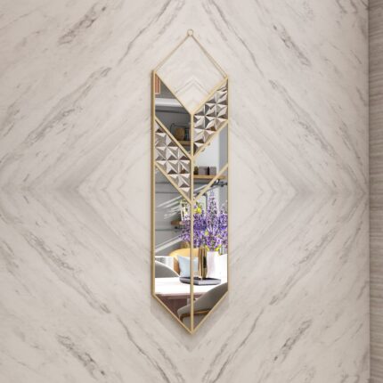 Add a touch of contemporary flair to your living space with this Arrow Shape Mirror. This unique wall mirror is perfect for adding a statement piece to your living room decor. The asymmetrical irregular design makes it a perfect bathroom vanity mirror as well. Elevate the look of your home with this wall art decor that is perfect for chic homes. This modern, stylish and minimal mirror is sure to make a bold statement in any room.