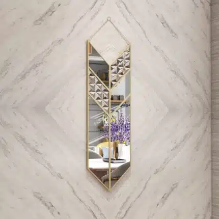 Add a touch of contemporary flair to your living space with this Arrow Shape Mirror. This unique wall mirror is perfect for adding a statement piece to your living room decor. The asymmetrical irregular design makes it a perfect bathroom vanity mirror as well. Elevate the look of your home with this wall art decor that is perfect for chic homes. This modern, stylish and minimal mirror is sure to make a bold statement in any room.