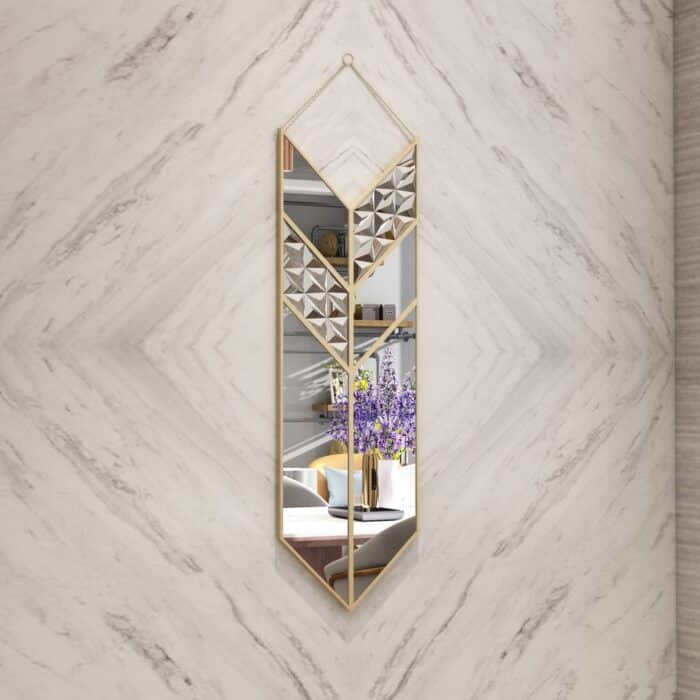 Add a touch of contemporary flair to your living space with this Arrow Shape Mirror. This unique wall mirror is perfect for adding a statement piece to your living room decor. The asymmetrical irregular design makes it a perfect bathroom vanity mirror as well. Elevate the look of your home with this wall art decor that is perfect for chic homes. This modern, stylish and minimal mirror is sure to make a bold statement in any room.