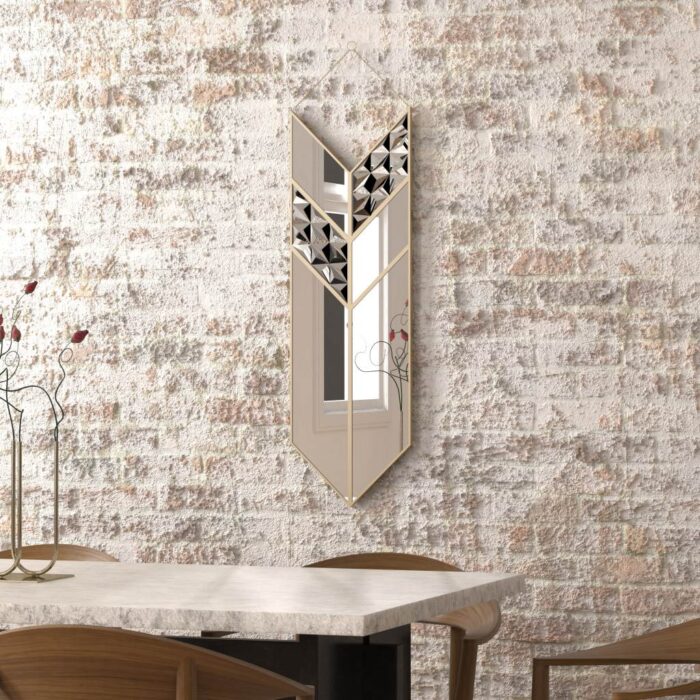 Add a touch of contemporary flair to your living space with this Arrow Shape Mirror. This unique wall mirror is perfect for adding a statement piece to your living room decor. The asymmetrical irregular design makes it a perfect bathroom vanity mirror as well. Elevate the look of your home with this wall art decor that is perfect for chic homes. This modern, stylish and minimal mirror is sure to make a bold statement in any room.