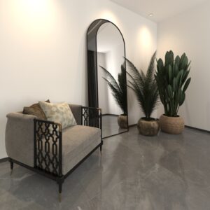 Add a touch of contemporary elegance to your living space with this Modern Arched Floor Mirror. This full-length lean wall mirror features an asymmetrical design, perfect for adding a chic flair to your housewarming decor. Use it as a leaner mirror in your bedroom or living room to create the illusion of a larger space while adding a stylish statement piece. Elevate your home decor with this stunning and sleek large mirror that will instantly upgrade any room in your house.