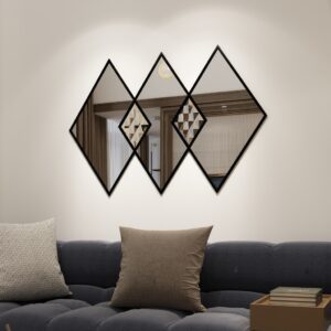 Add a touch of elegance to your space with this stunning Vanity Mirror. This unique Diamond shape Mirror features an Irregular shape and a beautiful Gold finish, making it both a functional Bathroom Mirror and a piece of Decorative Mirror art. Perfect for any Bathroom Vanity or as a statement piece in your living Room Decor, this piece is sure to enhance your Room Decor with its eye-catching design. Treat yourself or surprise a loved one with this exquisite Housewarming Gift that combines style and functionality, adding a sophisticated touch to any space in your home.