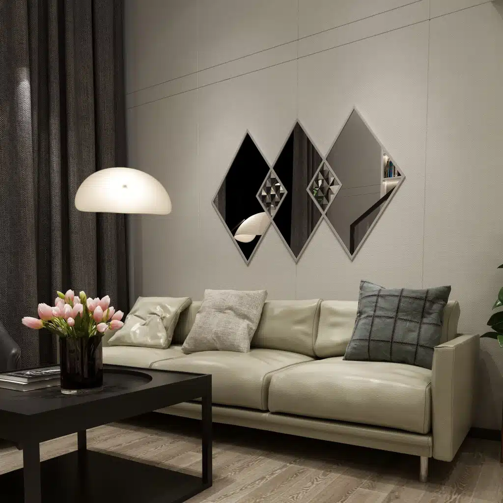 Modern diamond-shaped wall mirror set with a wooden frame, featuring geometric mirror artwork in the center. Stylish and elegant, perfect for contemporary home décor.