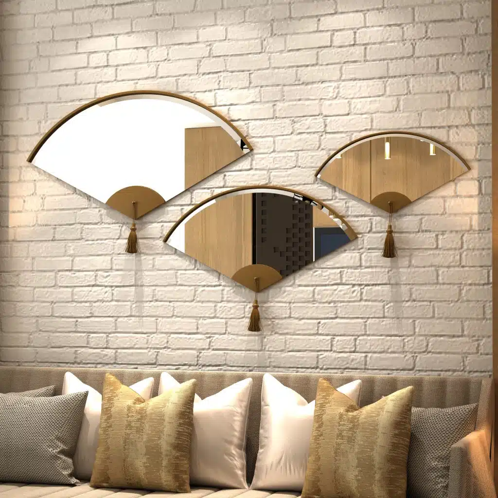 Add a touch of modern elegance to your living room with this unique asymmetrical mirror. This irregular fan-shaped mirror is the perfect addition to any space, whether used as a statement piece or as a functional bathroom vanity mirror. The combination of large and small mirrors creates a visually stunning design that will instantly elevate your home decor. Give the gift of style with this one-of-a-kind mirror, a perfect housewarming present for anyone who appreciates a contemporary and minimal aesthetic.