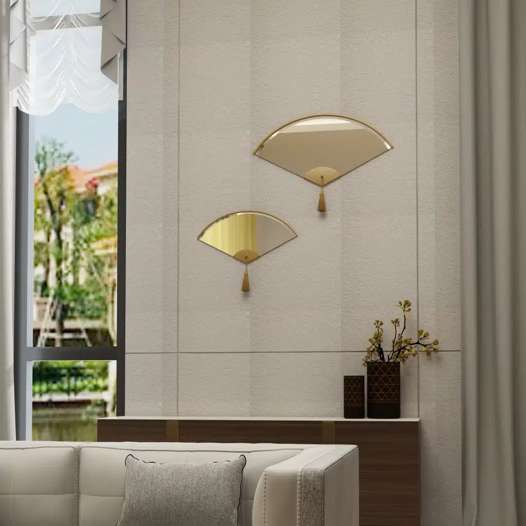 Add a touch of modern elegance to your living space with this stunning Asymmetrical Mirror for Living Room Décor. This unique irregular mirror is perfect for adding a contemporary flair to any room and makes a wonderful housewarming gift. Its fan shape design exudes a modern and minimalistic vibe, while the option of choosing between a large and small size ensures a perfect fit for your space. Whether you place it above a bathroom vanity or in the entryway, this mirror is sure to elevate the style of your home décor.