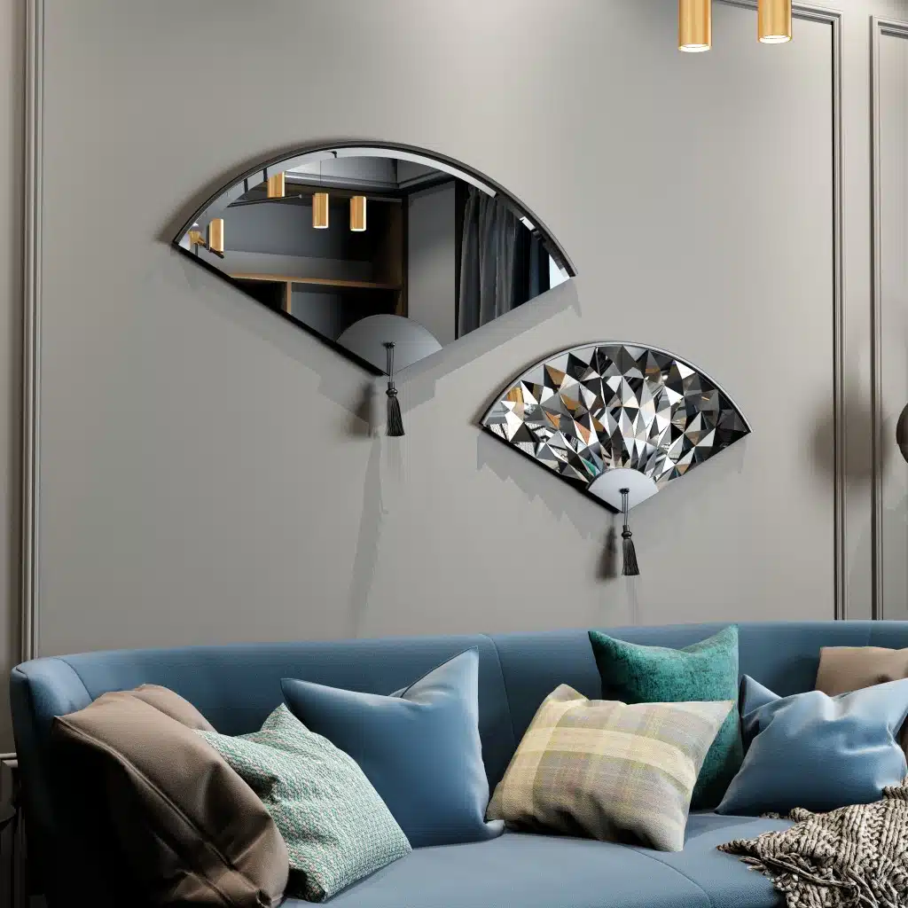 Add a touch of modern elegance to your living room décor with this unique asymmetrical mirror. Perfect for adding a contemporary flair to any space, this irregular fan-shaped mirror is both stylish and functional. Whether it's hanging in the bathroom as a vanity mirror or displayed in the living room as a statement piece, this mirror is sure to impress. Available in both large and small sizes, it also makes a thoughtful housewarming gift for your loved ones. Upgrade your home with this modern and minimalistic mirror today!