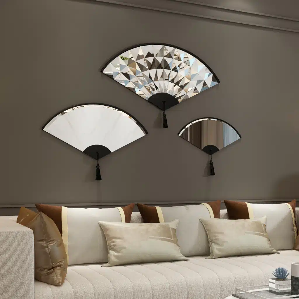 Add a touch of modern elegance to your living space with this stunning Asymmetrical Mirror for Living Room Décor. This unique irregular mirror is perfect for adding a contemporary flair to any room and makes a wonderful housewarming gift. Its fan shape design exudes a modern and minimalistic vibe, while the option of choosing between a large and small size ensures a perfect fit for your space. Whether you place it above a bathroom vanity or in the entryway, this mirror is sure to elevate the style of your home décor.
