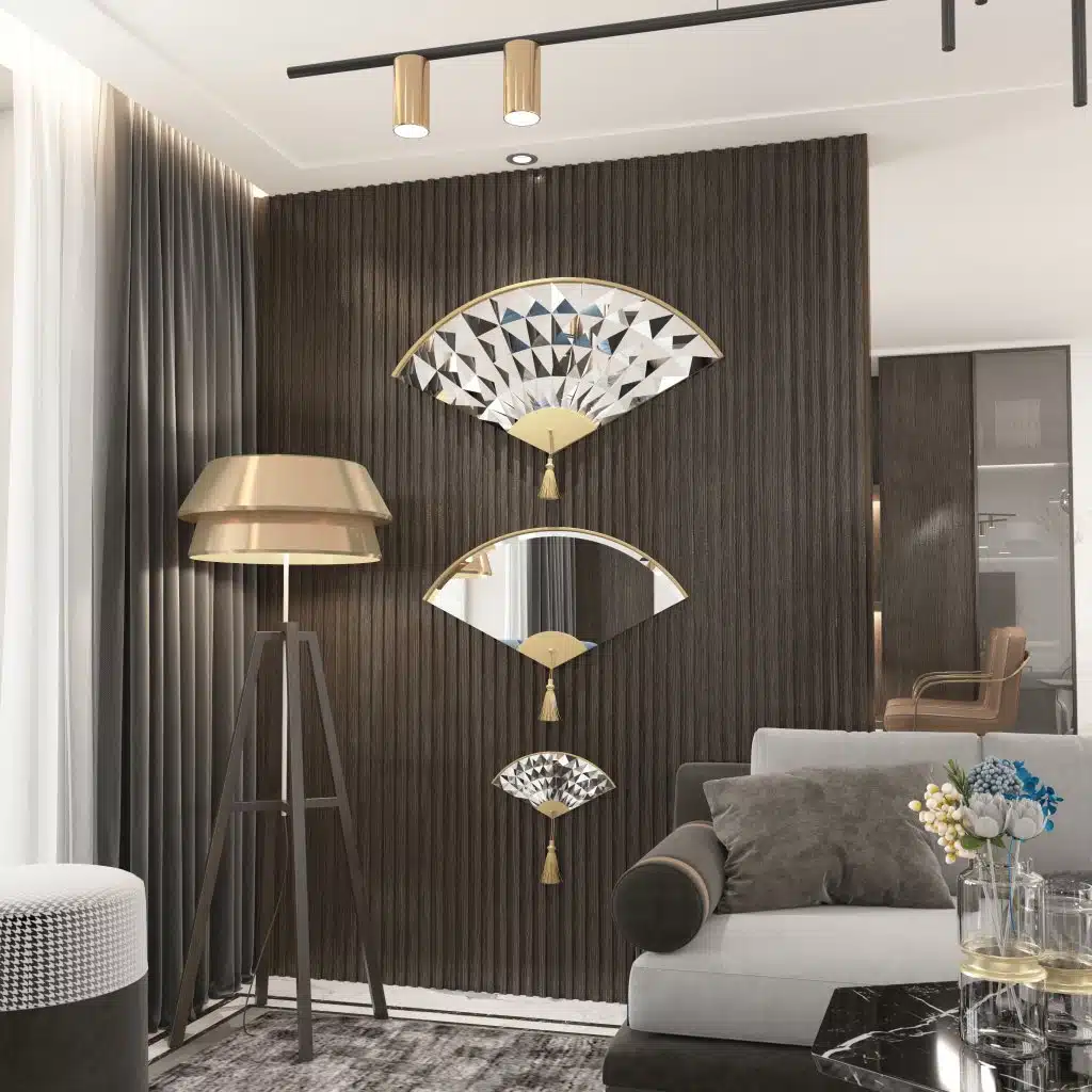 Add a touch of modern elegance to your living room décor with this unique asymmetrical mirror. Perfect for adding a contemporary flair to any space, this irregular fan-shaped mirror is both stylish and functional. Whether it's hanging in the bathroom as a vanity mirror or displayed in the living room as a statement piece, this mirror is sure to impress. Available in both large and small sizes, it also makes a thoughtful housewarming gift for your loved ones. Upgrade your home with this modern and minimalistic mirror today!