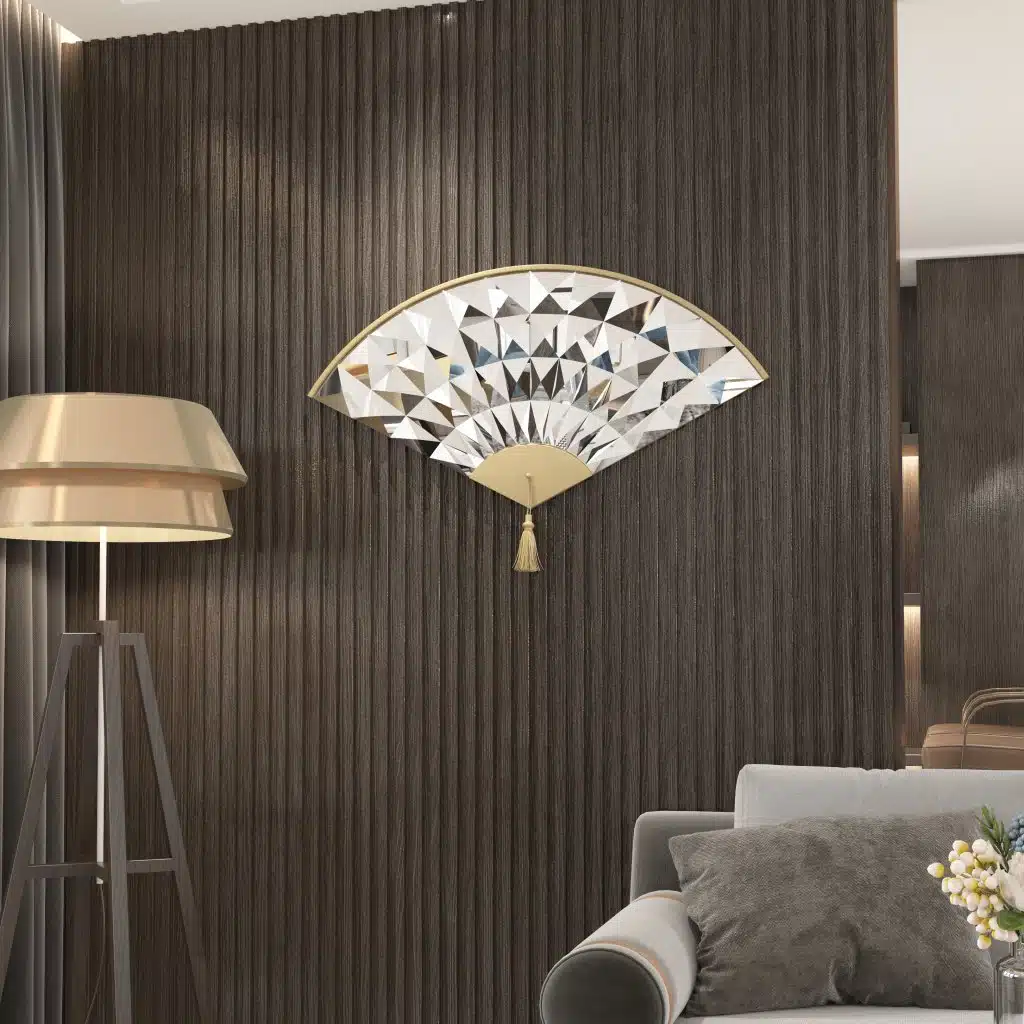 Add a touch of modern elegance to your living room with this unique asymmetrical mirror. This irregular fan-shaped mirror is the perfect addition to any space, whether used as a statement piece or as a functional bathroom vanity mirror. The combination of large and small mirrors creates a visually stunning design that will instantly elevate your home decor. Give the gift of style with this one-of-a-kind mirror, a perfect housewarming present for anyone who appreciates a contemporary and minimal aesthetic.