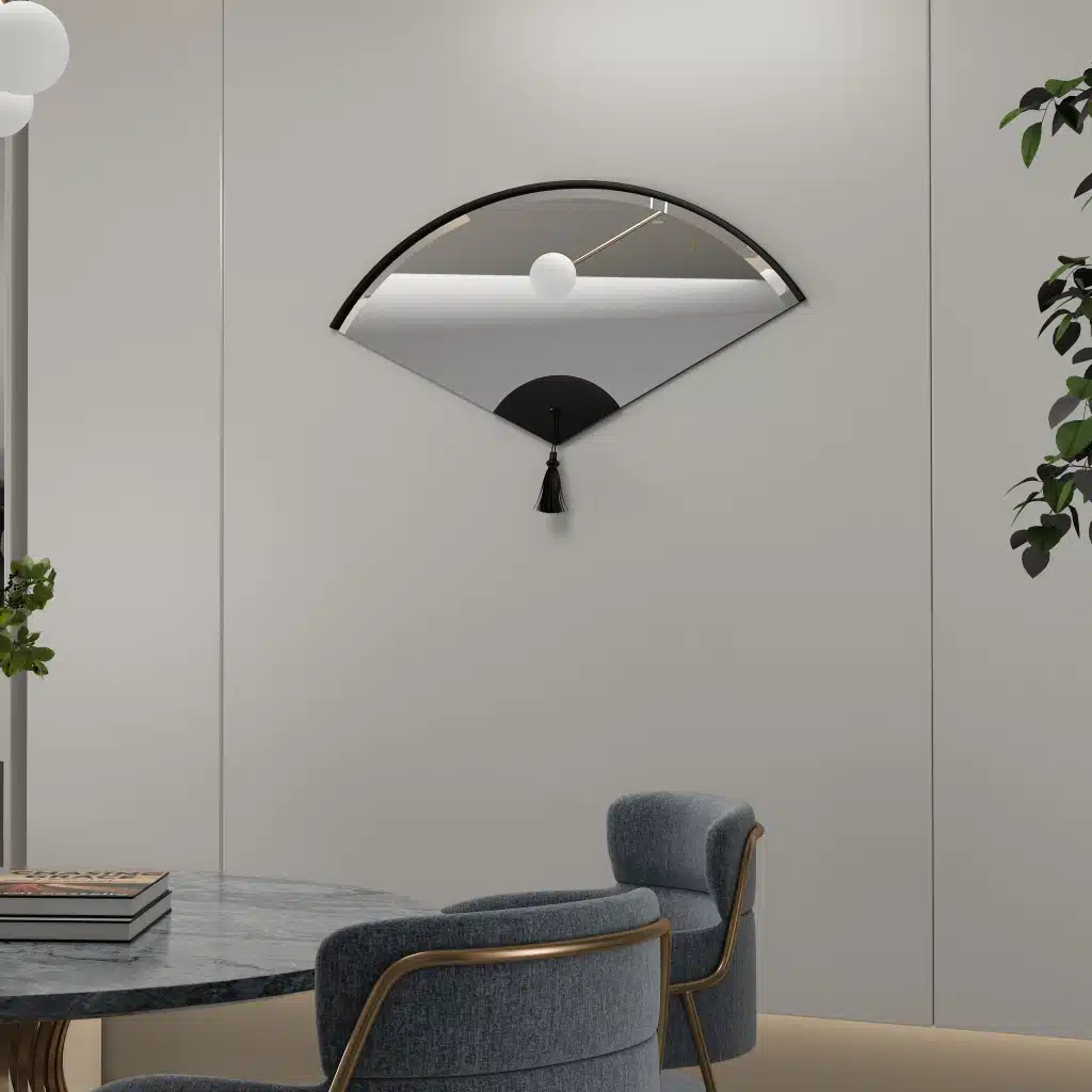 Add a touch of modern elegance to your living space with this stunning Asymmetrical Mirror for Living Room Décor. This unique irregular mirror is perfect for adding a contemporary flair to any room and makes a wonderful housewarming gift. Its fan shape design exudes a modern and minimalistic vibe, while the option of choosing between a large and small size ensures a perfect fit for your space. Whether you place it above a bathroom vanity or in the entryway, this mirror is sure to elevate the style of your home décor.