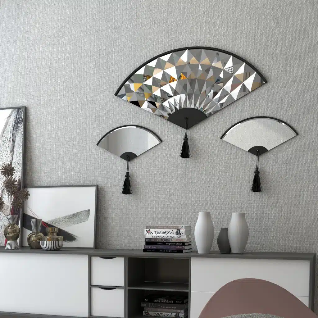 Add a touch of modern elegance to your living room décor with this unique asymmetrical mirror. Perfect for adding a contemporary flair to any space, this irregular fan-shaped mirror is both stylish and functional. Whether it's hanging in the bathroom as a vanity mirror or displayed in the living room as a statement piece, this mirror is sure to impress. Available in both large and small sizes, it also makes a thoughtful housewarming gift for your loved ones. Upgrade your home with this modern and minimalistic mirror today!