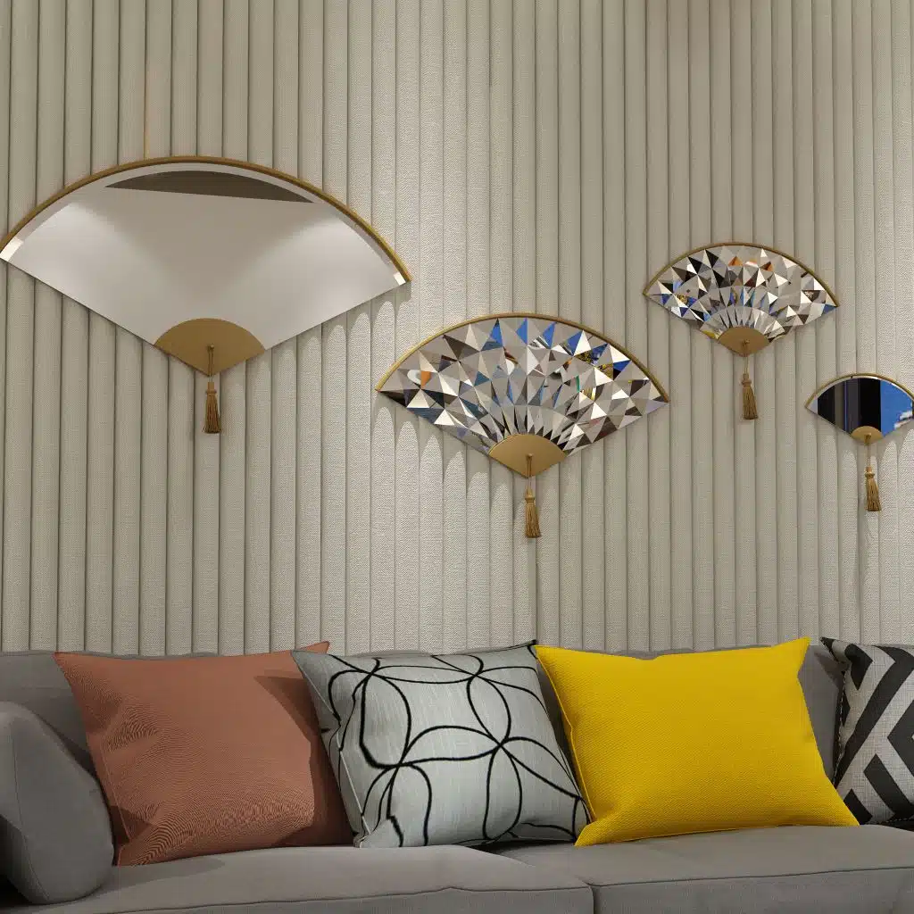 Add a touch of modern elegance to your living room with this unique asymmetrical mirror. This irregular fan-shaped mirror is the perfect addition to any space, whether used as a statement piece or as a functional bathroom vanity mirror. The combination of large and small mirrors creates a visually stunning design that will instantly elevate your home decor. Give the gift of style with this one-of-a-kind mirror, a perfect housewarming present for anyone who appreciates a contemporary and minimal aesthetic.