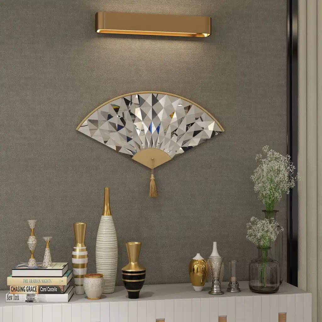 Add a touch of modern elegance to your living room décor with this unique asymmetrical mirror. Perfect for adding a contemporary flair to any space, this irregular fan-shaped mirror is both stylish and functional. Whether it's hanging in the bathroom as a vanity mirror or displayed in the living room as a statement piece, this mirror is sure to impress. Available in both large and small sizes, it also makes a thoughtful housewarming gift for your loved ones. Upgrade your home with this modern and minimalistic mirror today!