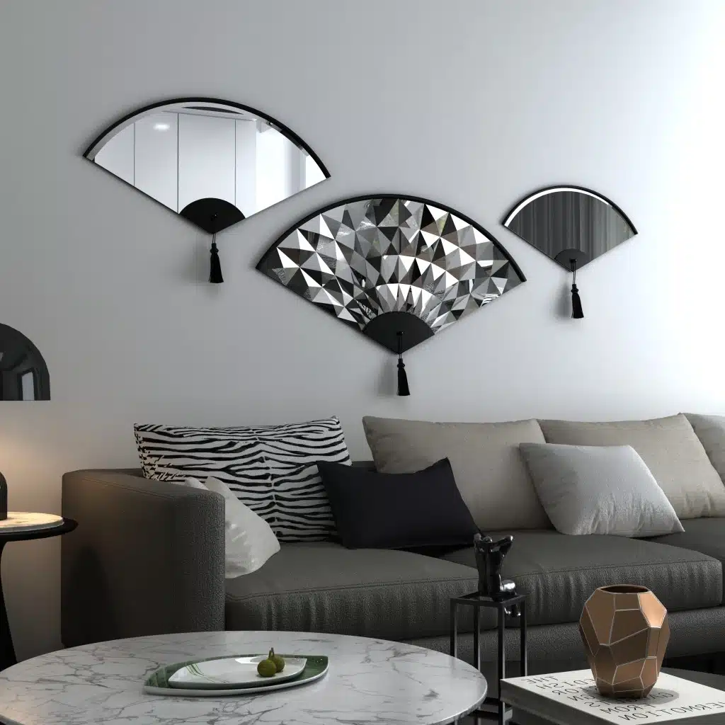Add a touch of modern elegance to your living space with this stunning Asymmetrical Mirror for Living Room Décor. This unique irregular mirror is perfect for adding a contemporary flair to any room and makes a wonderful housewarming gift. Its fan shape design exudes a modern and minimalistic vibe, while the option of choosing between a large and small size ensures a perfect fit for your space. Whether you place it above a bathroom vanity or in the entryway, this mirror is sure to elevate the style of your home décor.