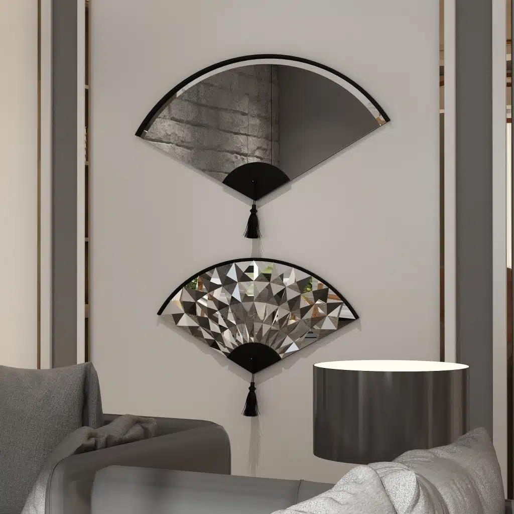 Add a touch of modern elegance to your living room décor with this unique asymmetrical mirror. Perfect for adding a contemporary flair to any space, this irregular fan-shaped mirror is both stylish and functional. Whether it's hanging in the bathroom as a vanity mirror or displayed in the living room as a statement piece, this mirror is sure to impress. Available in both large and small sizes, it also makes a thoughtful housewarming gift for your loved ones. Upgrade your home with this modern and minimalistic mirror today!