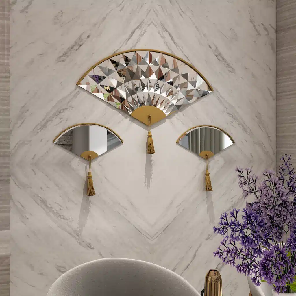 Add a touch of modern elegance to your living room décor with this unique asymmetrical mirror. Perfect for adding a contemporary flair to any space, this irregular fan-shaped mirror is both stylish and functional. Whether it's hanging in the bathroom as a vanity mirror or displayed in the living room as a statement piece, this mirror is sure to impress. Available in both large and small sizes, it also makes a thoughtful housewarming gift for your loved ones. Upgrade your home with this modern and minimalistic mirror today!