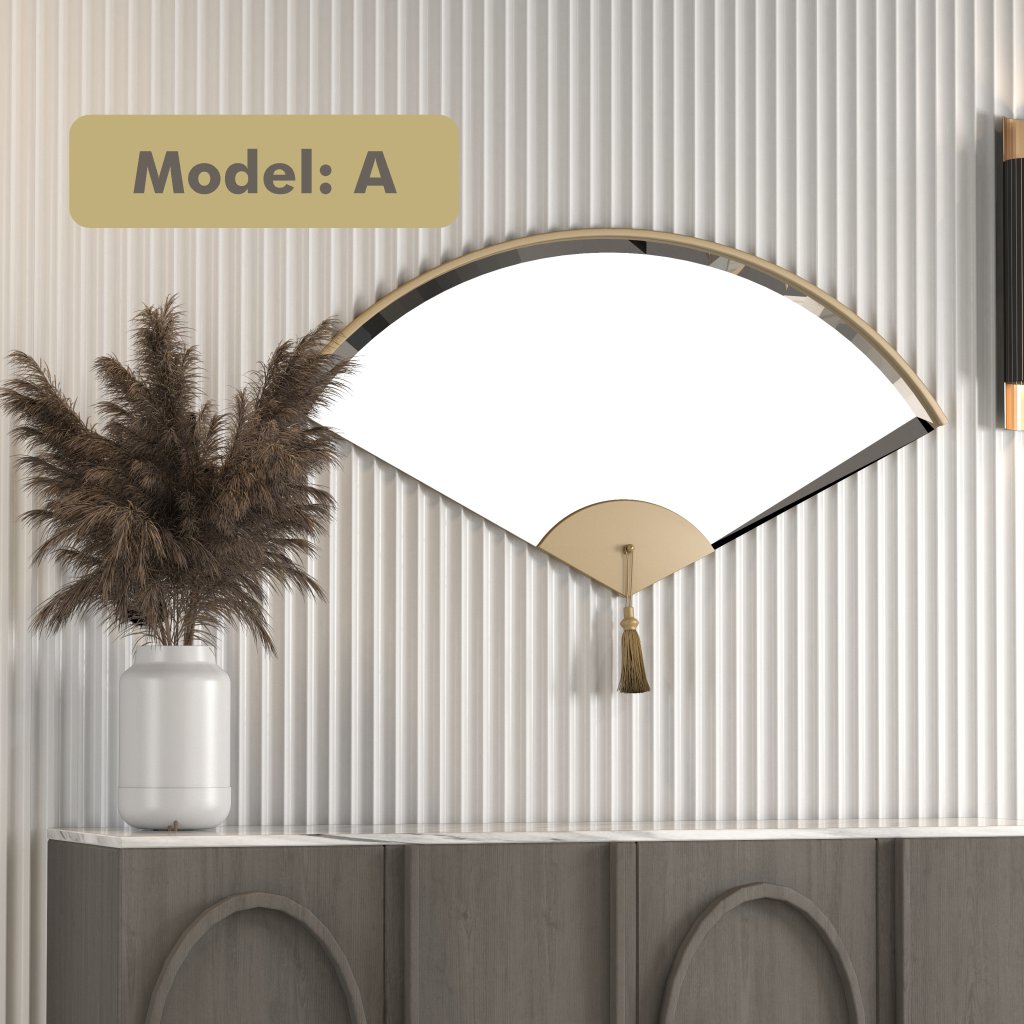 Add a touch of modern elegance to your living room décor with this unique asymmetrical mirror. Perfect for adding a contemporary flair to any space, this irregular fan-shaped mirror is both stylish and functional. Whether it's hanging in the bathroom as a vanity mirror or displayed in the living room as a statement piece, this mirror is sure to impress. Available in both large and small sizes, it also makes a thoughtful housewarming gift for your loved ones. Upgrade your home with this modern and minimalistic mirror today!