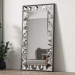 Handmade rectangular mirror with beveled edges and prism-shaped mirror art, black wooden frame.