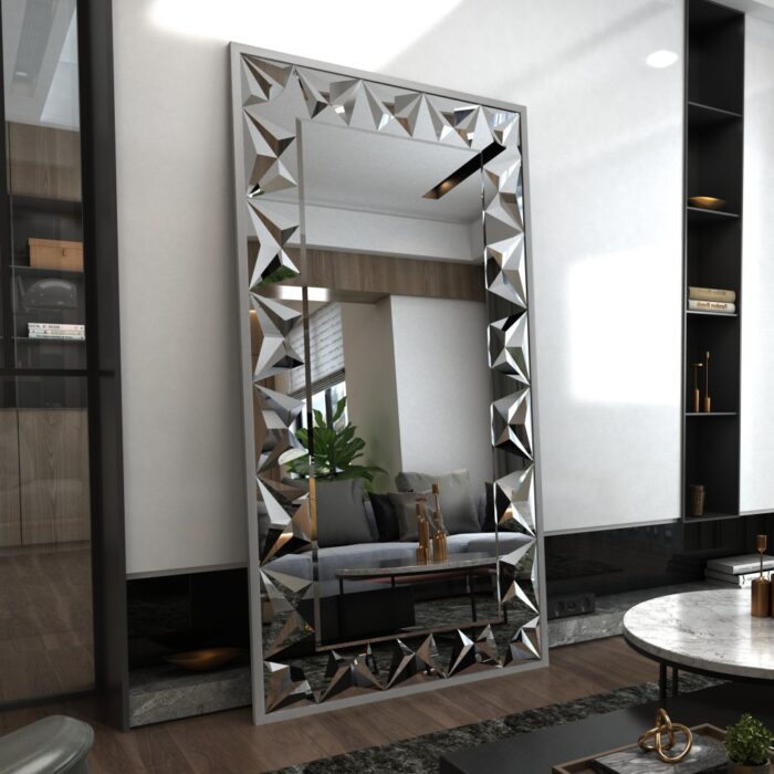 Elegant silver rectangular mirror with prism-shaped artwork, perfect for modern and classic interiors.