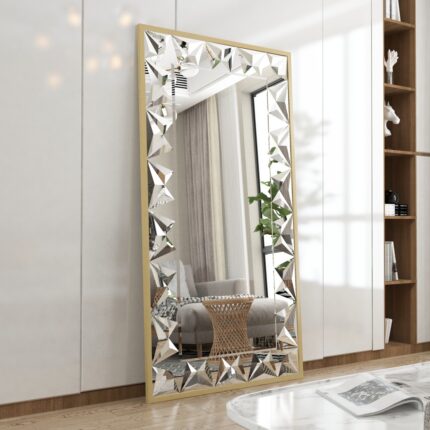 Luxury gold wall mirror with beveled edges, prism-shaped handmade mirror design, premium home décor.