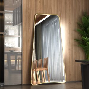 Elevate your space with this stunning Wavy Asymmetrical Gold Wall Mirror. This modern chic home decor piece is perfect for adding a touch of elegance to your bathroom vanity or living room. The irregular shape of the mirror creates a unique and eye-catching design element, setting it apart from traditional mirrors. Bring a touch of luxury to your home with this elegant vanity aesthetic that will surely enhance any room's aesthetic.