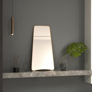 Elevate your space with this stunning Wavy Asymmetrical Gold Wall Mirror. This modern chic home decor piece is perfect for adding a touch of elegance to your bathroom vanity or living room. The irregular shape of the mirror creates a unique and eye-catching design element, setting it apart from traditional mirrors. Bring a touch of luxury to your home with this elegant vanity aesthetic that will surely enhance any room's aesthetic.