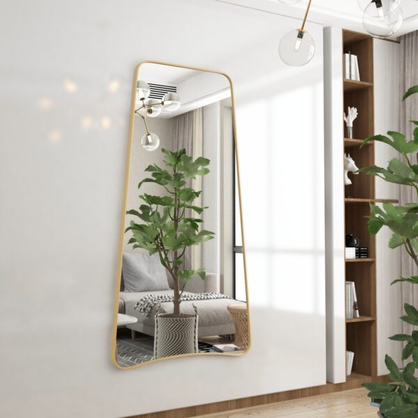 Elevate your home decor with this stunning Wavy Asymmetrical Gold Wall Mirror. Perfect for adding a touch of modern chic flair to your bathroom vanity or living room, this elegant and irregularly shaped mirror will instantly upgrade the aesthetic of any space. The sophisticated gold frame adds a touch of luxury, making it a stylish and versatile addition to your home decor. Make a statement with this unique and eye-catching piece that is sure to become a focal point in any room.