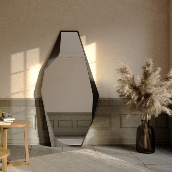 Add a touch of modern elegance to your chic home with this stunning Modern Full-Length Free Standing Irregular Gold Mirror. The unique asymmetrical design makes it a standout piece, perfect for any room in your home. This irregular full-body mirror is not only functional but also adds a sophisticated aesthetic to your space. Whether you place it in your large bathroom as a vanity mirror or use it as a statement piece in your living room, this mirror is sure to impress. It also makes a great housewarming gift for friends and loved ones who appreciate stylish decor. Elevate your space with this eye-catching mirror that combines form and function seamlessly.