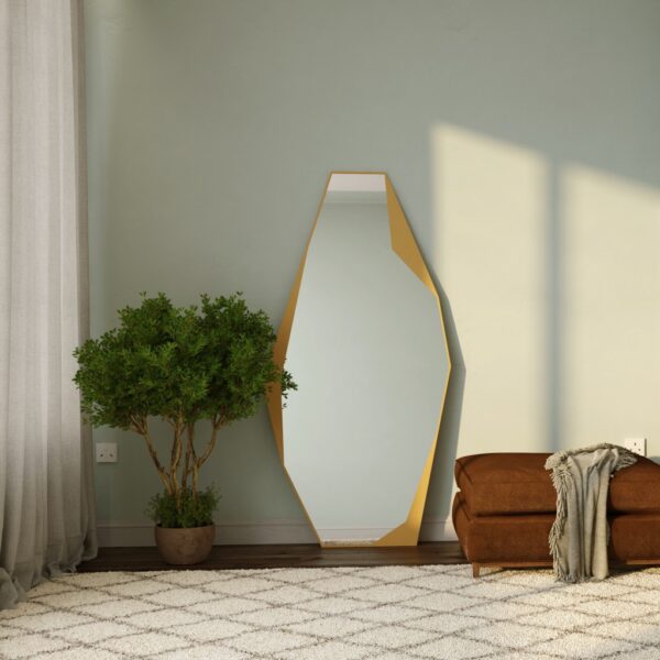 Add a touch of modern elegance to your space with this stunning Modern Full-Length Free Standing Irregular Gold Mirror. This Unique Asymmetrical Floor Mirror features an Irregular Full body design, perfect for adding a bold statement to any room. The Large Bathroom Vanity Mirror not only serves a functional purpose but also showcases an Aesthetic Design that is sure to elevate your decor. This one-of-a-kind mirror makes a thoughtful Housewarming Gift for those with Chic Homes, making it a standout piece in any interior setting.