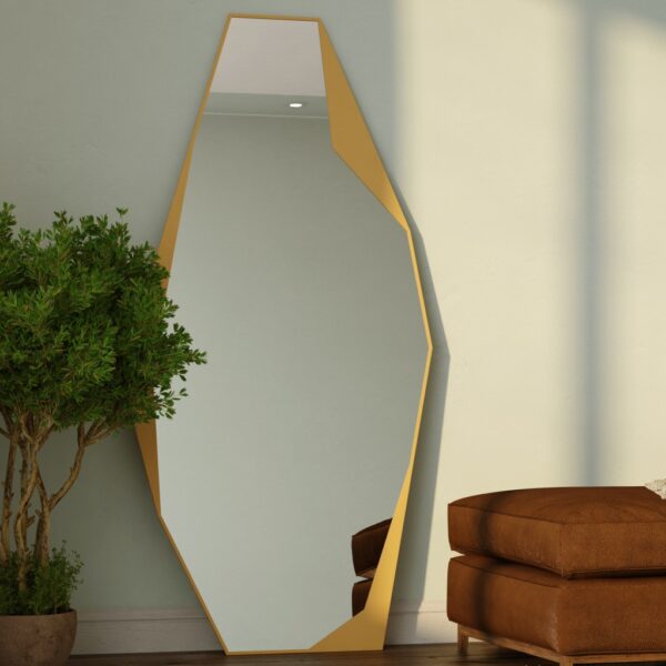 Transform your space with this stunning Modern Full-Length Free Standing Irregular Gold Mirror. This Unique Asymmetrical Floor Mirror features an Irregular Full body design that is sure to make a statement in any room. The Large Bathroom Vanity Mirror adds a touch of elegance with its Aesthetic Design. Perfect for Chic Homes, this mirror also makes a thoughtful Housewarming Gift for friends and loved ones. Elevate your home decor with this one-of-a-kind piece.