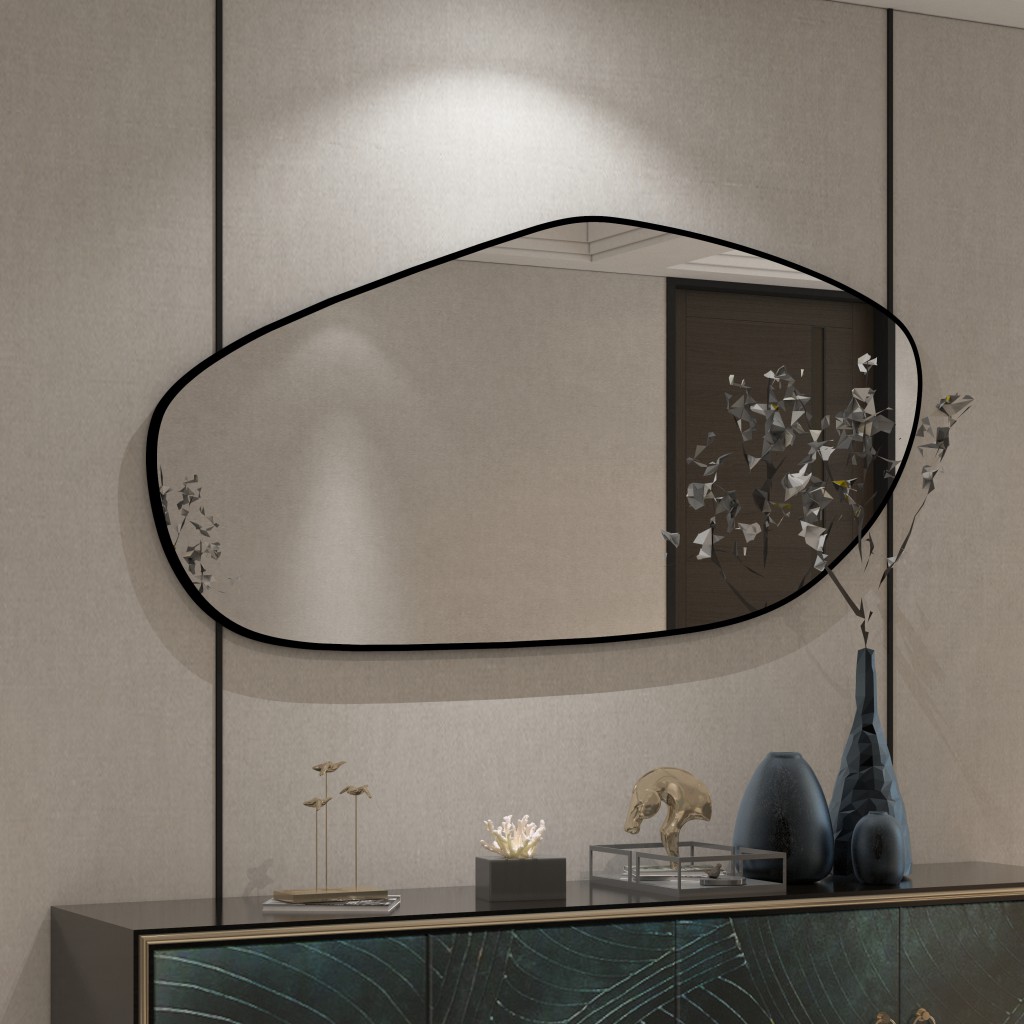 Add a touch of modern elegance to your space with this stunning ASYMMETRICAL VANITY MIRROR. This unique piece features an Irregular Mirror design that is perfect for adding a stylish flair to your Entryway or Bathroom. The Gold Wall Mirror adds a glamorous touch, while the Large Mirror size makes it perfect for wall décor or as a Full length Mirror. Elevate your home decor with this chic and versatile piece that is sure to make a statement in any room.