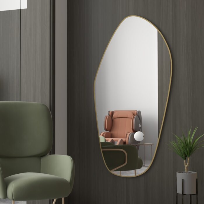 Add a touch of elegance to your space with this stunning Asymmetrical Vanity Mirror. Featuring an irregular design, this entryway mirror is both unique and eye-catching. The gold finish adds a touch of luxury, making it a perfect addition to your bathroom or as a statement piece in your living room. This large mirror wall décor is not only functional but also adds depth and style to any room. Use it as a full-length mirror to check your outfit before heading out or simply as a beautiful decor piece to enhance your home.