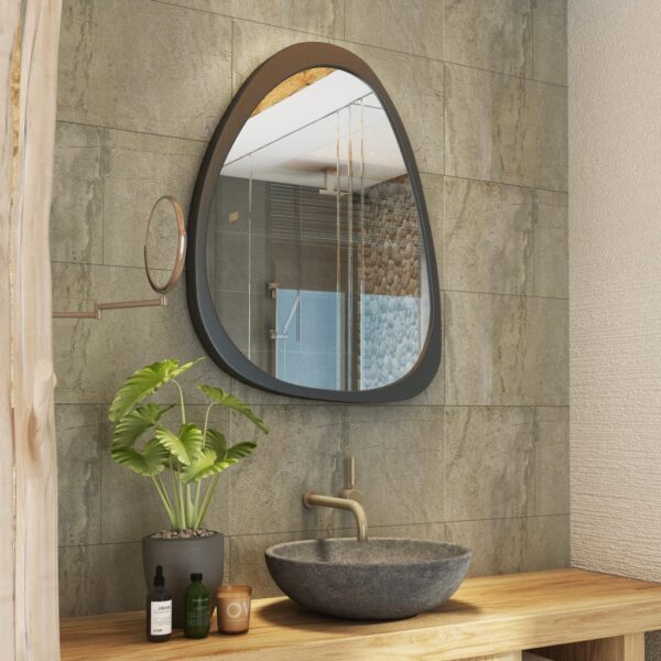 Elevate your space with this stunning Mid Century Asymmetrical Black Mirror. This Irregular Bathroom Vanity Mirror is the perfect addition to any stylish Living Room Décor. The large size makes it ideal as a statement piece or as a practical Housewarming Gift for her. Add a touch of sophistication to your home with this unique and modern wall mirror.