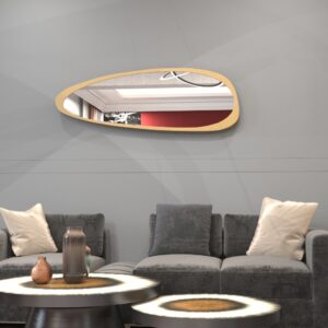 Add a touch of modern elegance to your space with this Mid Century Asymmetrical Black Mirror. This striking piece features an irregular design, making it a unique addition to any room. Whether used as a bathroom vanity mirror or as stylish living room décor, this large wall mirror is sure to make a statement. Perfect for her, this mirror also makes a thoughtful housewarming gift for that special someone who loves contemporary style. Elevate your decor with this one-of-a-kind piece that combines functionality with fashion.