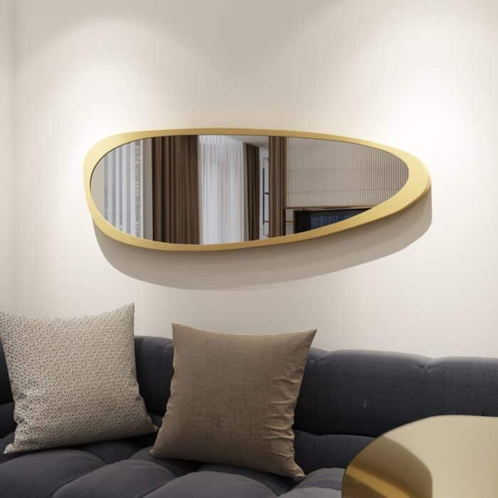 Elevate your space with this stunning Mid Century Asymmetrical Black Mirror. This Irregular Bathroom Vanity Mirror is the perfect addition to any stylish Living Room Décor. The large size makes it ideal as a statement piece or as a practical Housewarming Gift for her. Add a touch of sophistication to your home with this unique and modern wall mirror.