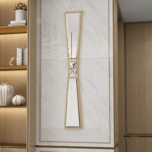 Add a touch of elegance to your home decor with this stunning Full-length Irregular Gold Mirror. Perfect for an entryway or a vanity area, this sleek and stylish mirror is both functional and beautiful. The narrow design of this long mirror makes it easy to fit into any space, while the irregular shape adds a unique and modern touch. Elevate your space with this stunning piece that will surely become a statement in any room.