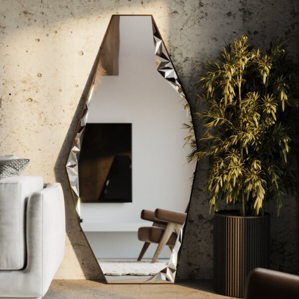 Add a touch of modern elegance to your space with this stunning Modern Full-Length Free Standing Irregular Gold Mirror. This Unique Asymmetrical Floor Mirror features an Irregular Full body design, perfect for adding a bold statement to any room. The Large Bathroom Vanity Mirror not only serves a functional purpose but also showcases an Aesthetic Design that is sure to elevate your decor. This one-of-a-kind mirror makes a thoughtful Housewarming Gift for those with Chic Homes, making it a standout piece in any interior setting.