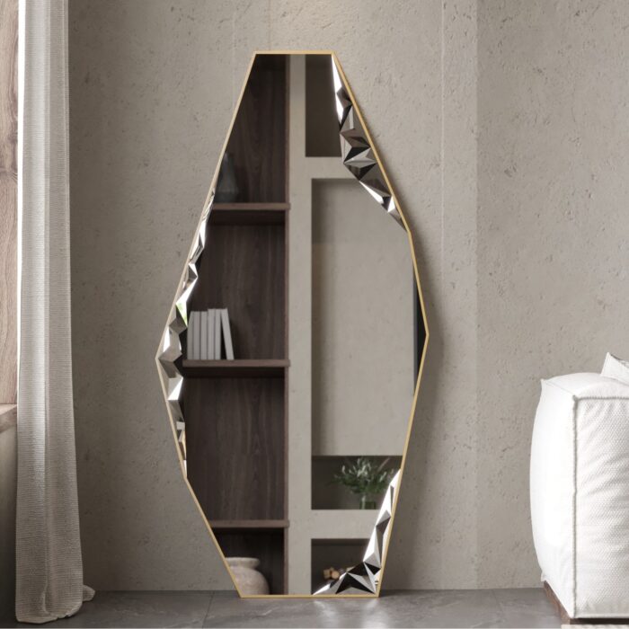 Add a touch of modern elegance to your space with this stunning Modern Full-Length Free Standing Irregular Gold Mirror. This Unique Asymmetrical Floor Mirror features an Irregular Full body design, perfect for adding a bold statement to any room. The Large Bathroom Vanity Mirror not only serves a functional purpose but also showcases an Aesthetic Design that is sure to elevate your decor. This one-of-a-kind mirror makes a thoughtful Housewarming Gift for those with Chic Homes, making it a standout piece in any interior setting.