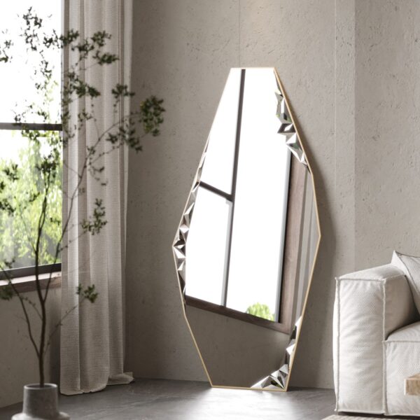 Transform your space with this stunning Modern Full-Length Free Standing Irregular Gold Mirror. This Unique Asymmetrical Floor Mirror features an Irregular Full body design that is sure to make a statement in any room. The Large Bathroom Vanity Mirror adds a touch of elegance with its Aesthetic Design. Perfect for Chic Homes, this mirror also makes a thoughtful Housewarming Gift for friends and loved ones. Elevate your home decor with this one-of-a-kind piece.